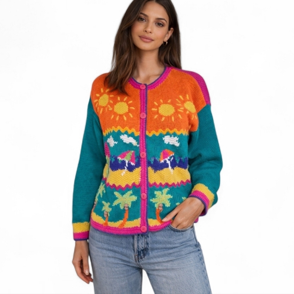 Vintage Hand Knit Beach Scene Cardigan – Statement Graphic Sweater. S/M - Picture 2 of 16